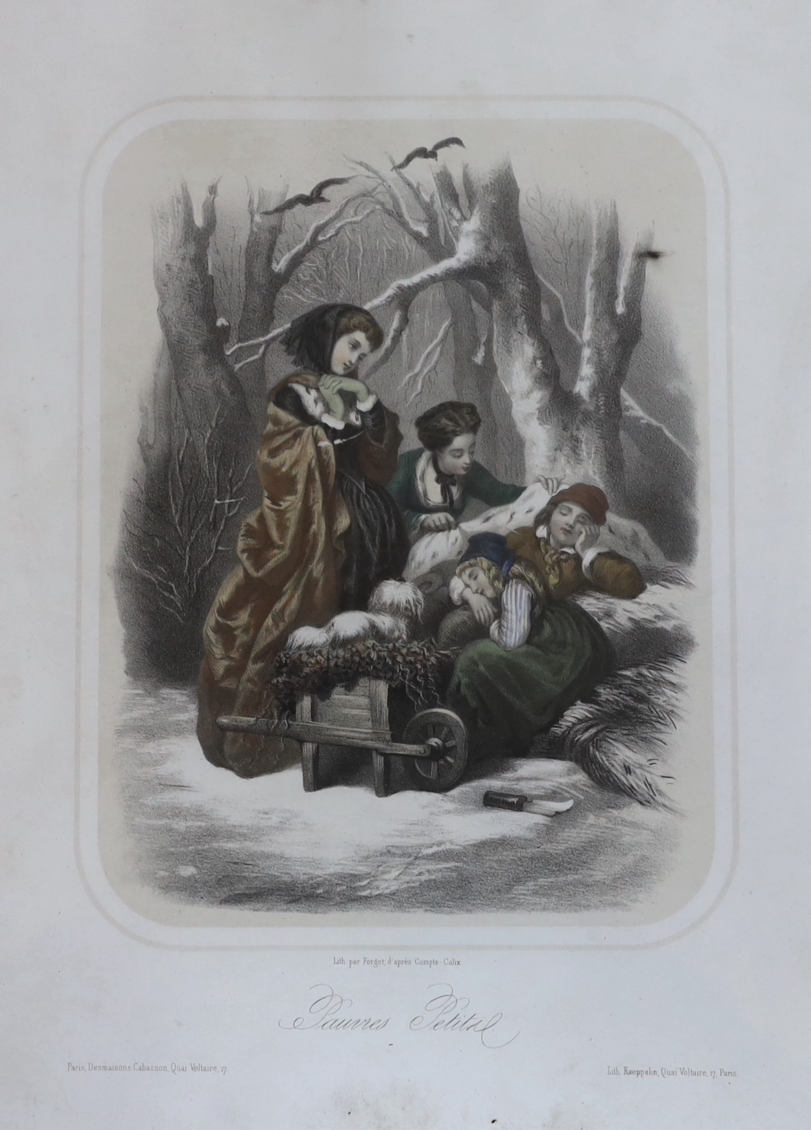 Pair of 19th century French hand coloured lithographs, Pauvres Petits & Pauvre Mère, 41 x 33cm